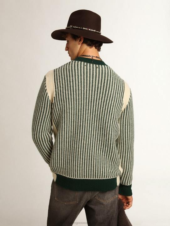 hombres Jersey de cuello redondo de la colección Journey en lana bicolor blanca y verde.Golden Goose 02H6749
