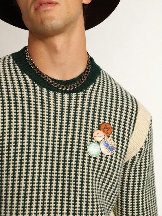 hombres Jersey de cuello redondo de la colección Journey en lana bicolor blanca y verde.Golden Goose 02H6749