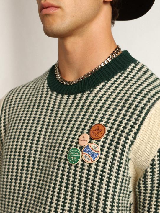 hombres Jersey de cuello redondo de la colección Journey en lana bicolor blanca y verde.Golden Goose 02H6749