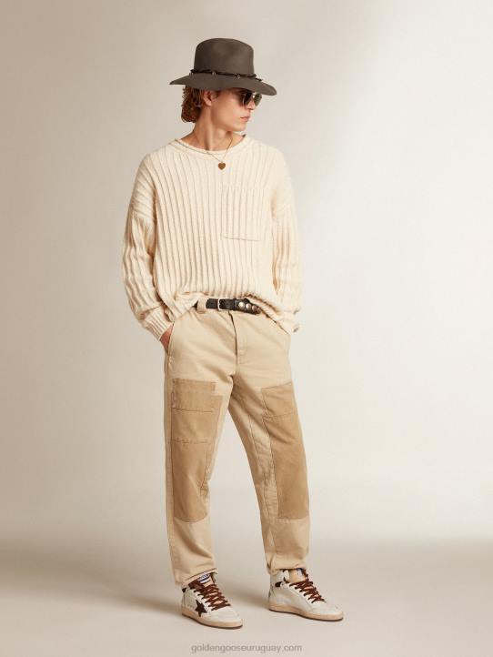 hombres Jersey de cuello redondo en hilo de mezcla de algodón color papiroGolden Goose 02H6792