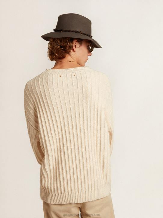 hombres Jersey de cuello redondo en hilo de mezcla de algodón color papiroGolden Goose 02H6792