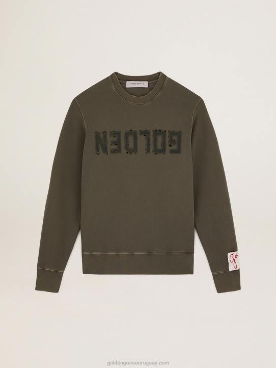 hombres Sudadera de la colección verde oliva con tratamiento envejecido y letras doradas en la parte delantera 02H6713