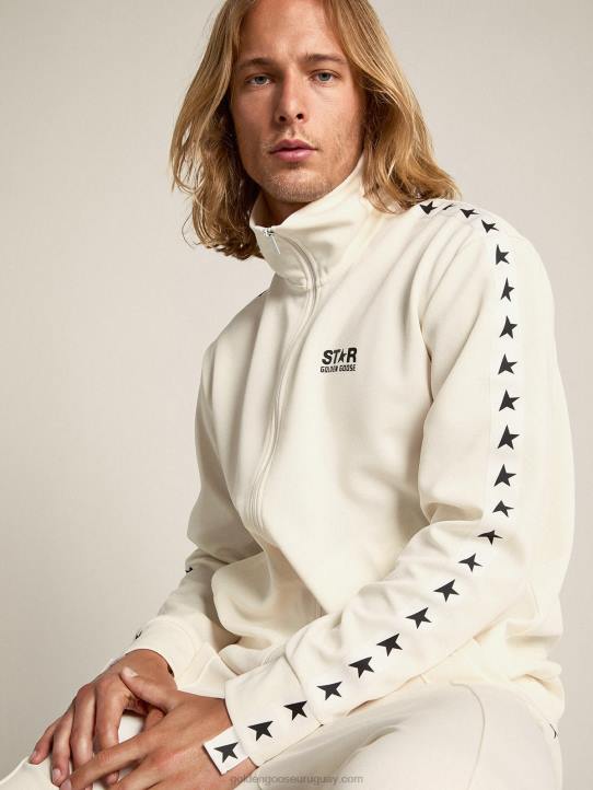 hombres sudadera blanca con cremallera, franja blanca y estrellas negrasGolden Goose 02H6762