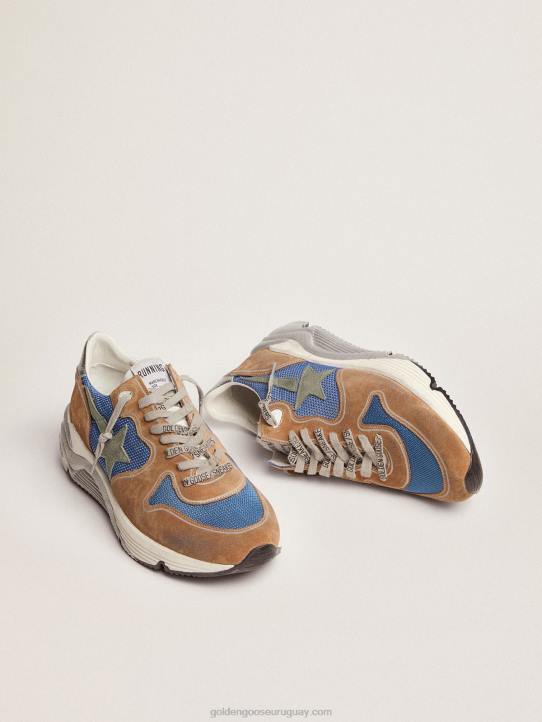 hombres Deportivas suela running de malla azul claro con inserciones de ante color tabaco y estrella de ante verde militarGolden Goose 02H6572