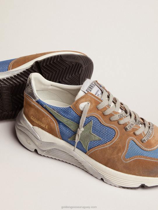 hombres Deportivas suela running de malla azul claro con inserciones de ante color tabaco y estrella de ante verde militarGolden Goose 02H6572