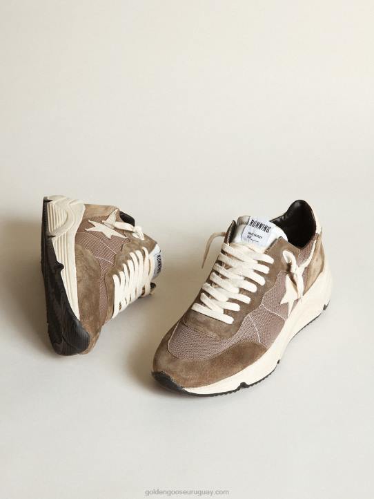 hombres Zapatillas deportivas con suela de running de malla verde oliva y piel con estrella de piel color crema y refuerzo en el talónGolden Goose 02H6568