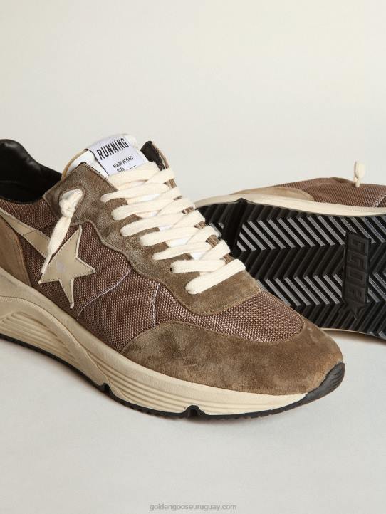 hombres Zapatillas deportivas con suela de running de malla verde oliva y piel con estrella de piel color crema y refuerzo en el talónGolden Goose 02H6568