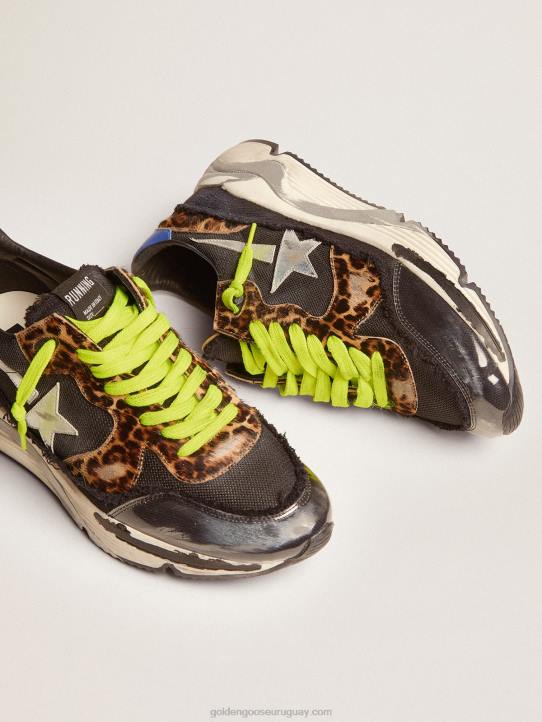 hombres Zapatillas deportivas running sole ltd de malla negra con inserciones de piel de potro con estampado de leopardoGolden Goose 02H6582