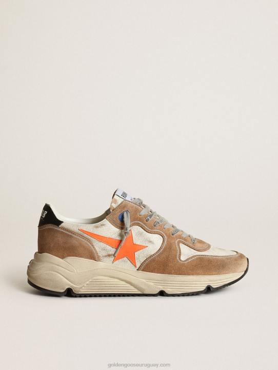 hombres Zapatillas deportivas running sole ltd de piel blanco brillo y ante color tabaco con estrella de piel naranja flúorGolden Goose 02H6678