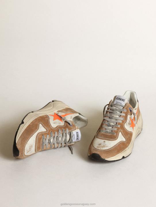 hombres Zapatillas deportivas running sole ltd de piel blanco brillo y ante color tabaco con estrella de piel naranja flúorGolden Goose 02H6678