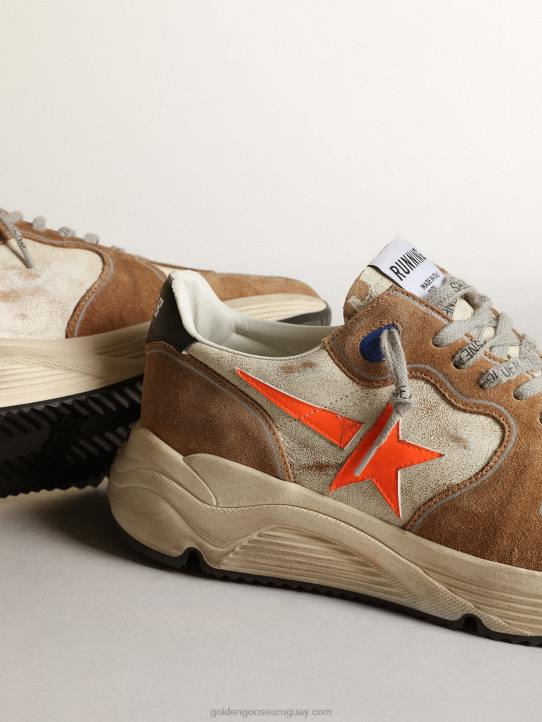 hombres Zapatillas deportivas running sole ltd de piel blanco brillo y ante color tabaco con estrella de piel naranja flúorGolden Goose 02H6678
