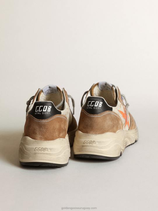 hombres Zapatillas deportivas running sole ltd de piel blanco brillo y ante color tabaco con estrella de piel naranja flúorGolden Goose 02H6678