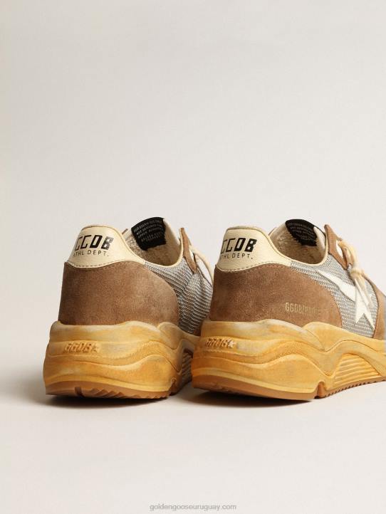 hombres suela de running de malla plateada y ante tabaco con estrella blancaGolden Goose 02H6617