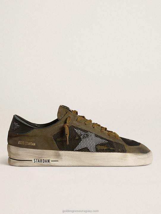 hombres zapatillas stardan de nubuck verde militar y malla negra con estrella de piel blancaGolden Goose 02H6650