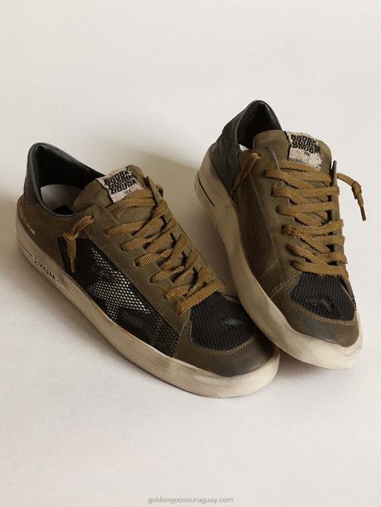 hombres zapatillas stardan de nubuck verde militar y malla negra con estrella de piel blancaGolden Goose 02H6650