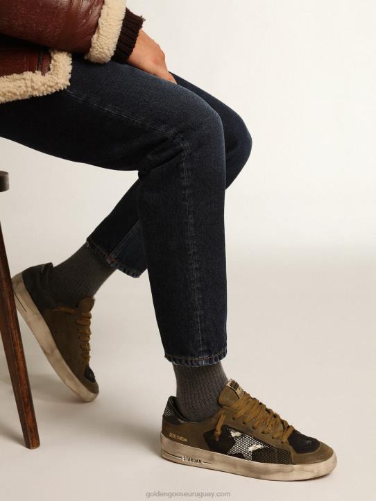 hombres zapatillas stardan de nubuck verde militar y malla negra con estrella de piel blancaGolden Goose 02H6650