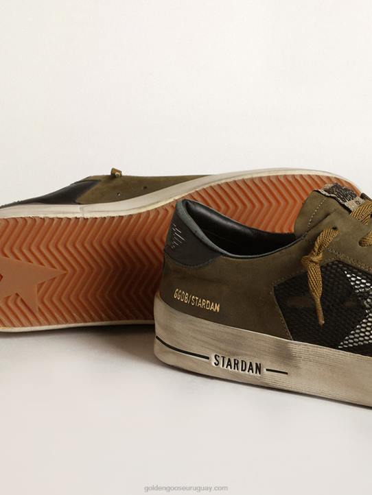 hombres zapatillas stardan de nubuck verde militar y malla negra con estrella de piel blancaGolden Goose 02H6650