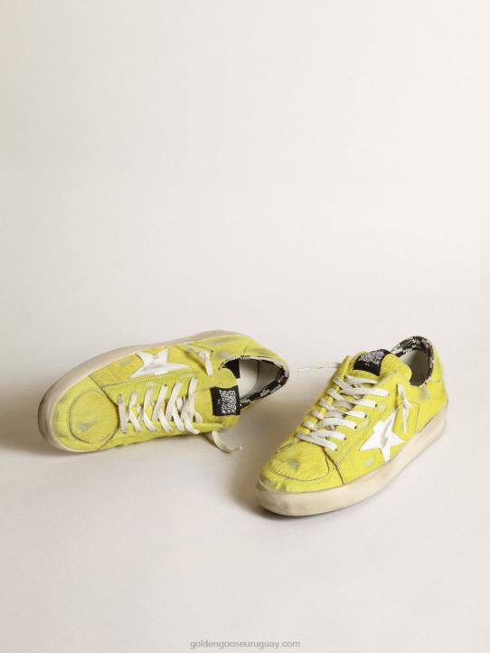 hombres zapatillas stardan de piel de potro amarillo flúor con estrella de piel blancaGolden Goose 02H6532