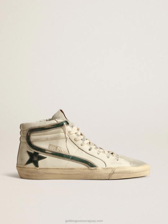 hombres Chanclas de napa beige con estrella y flash de piel laminada verdeGolden Goose 02H6620