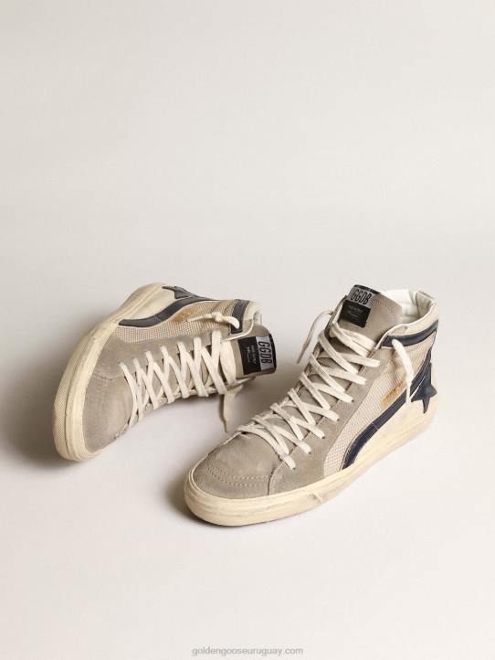 hombres chanclas de malla beige y nailon con estrella y flash de piel azulGolden Goose 02H6645