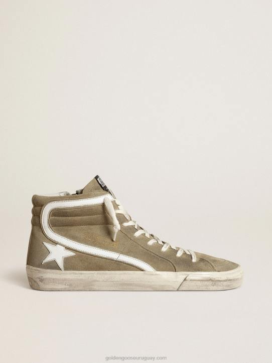 hombres zapatillas deportivas slide de ante verde militar con estrella y flash de piel blancaGolden Goose 02H6534
