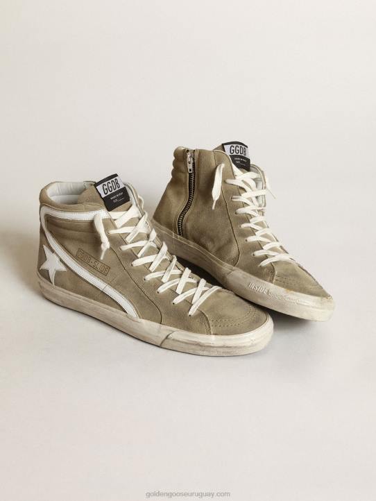 hombres zapatillas deportivas slide de ante verde militar con estrella y flash de piel blancaGolden Goose 02H6534