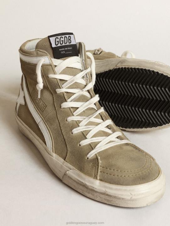 hombres zapatillas deportivas slide de ante verde militar con estrella y flash de piel blancaGolden Goose 02H6534