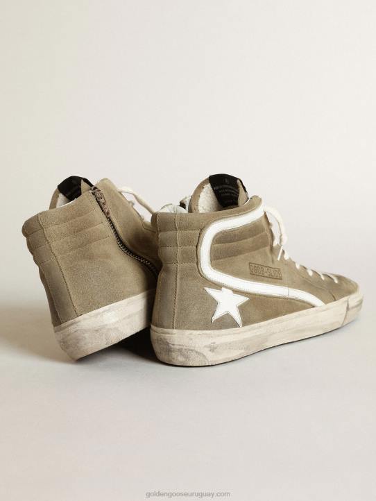 hombres zapatillas deportivas slide de ante verde militar con estrella y flash de piel blancaGolden Goose 02H6534