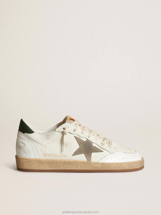 hombres Zapatillas Ball Star de napa blanca con estrella de ante gris tórtola y refuerzo del talón de piel verde oscuroGolden Goose 02H6529