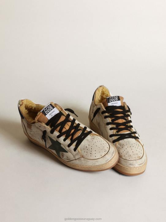hombres Zapatillas deportivas ball star de piel blanca brillante con estrella de piel verde oscuro y forro de borregoGolden Goose 02H6684