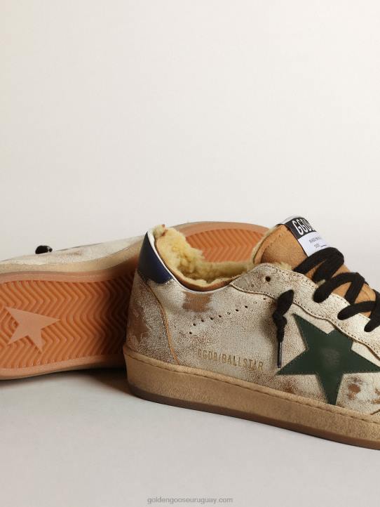 hombres Zapatillas deportivas ball star de piel blanca brillante con estrella de piel verde oscuro y forro de borregoGolden Goose 02H6684