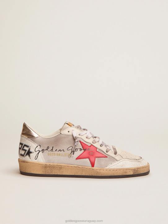 hombres zapatillas deportivas ball star de malla plateada clara con estrella de piel rojaGolden Goose 02H6520