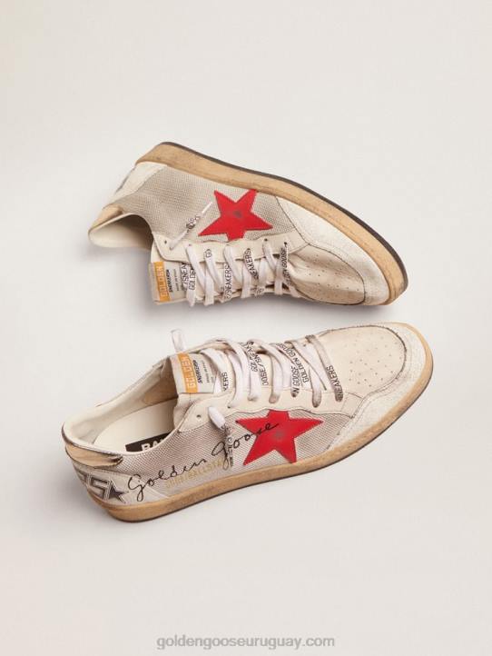 hombres zapatillas deportivas ball star de malla plateada clara con estrella de piel rojaGolden Goose 02H6520