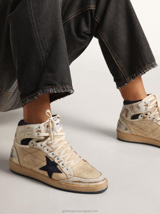 hombres Zapatillas sky-star de nailon color crema y piel blanca con estrella de ante azul oscuroGolden Goose 02H6519