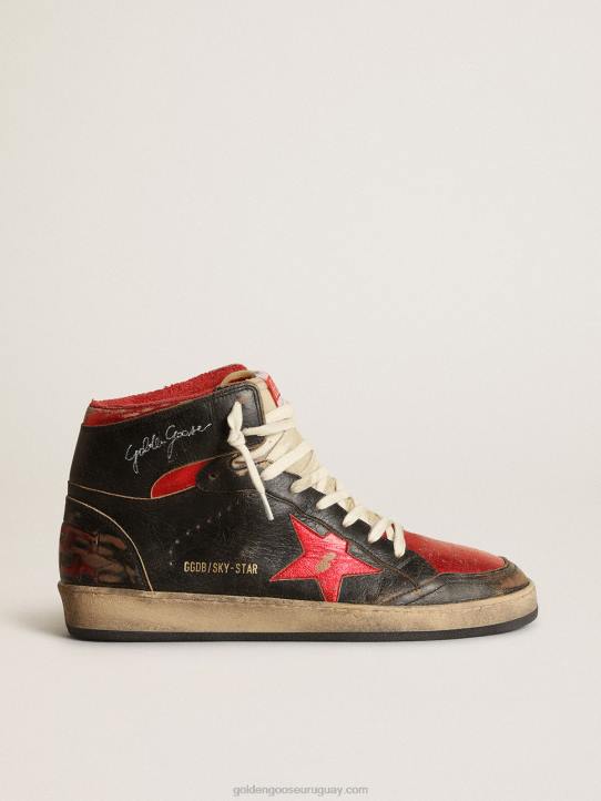 hombres zapatillas sky-star de piel negra brillante con estrella de piel roja metalizadaGolden Goose 02H6539