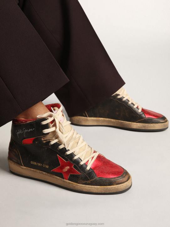 hombres zapatillas sky-star de piel negra brillante con estrella de piel roja metalizadaGolden Goose 02H6539