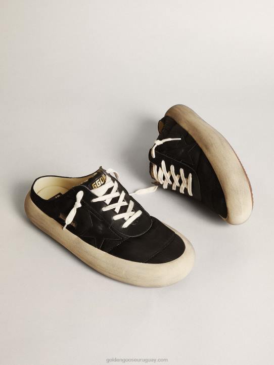 hombres zuecos space-star de nailon negro con estrella de piel negraGolden Goose 02H6608