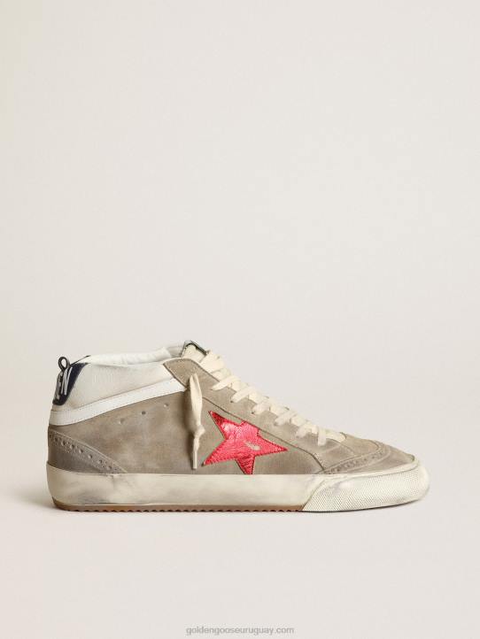 hombres Zapatillas mid star de ante gris tórtola con estrella de piel roja metalizada y flash de piel blancaGolden Goose 02H6567