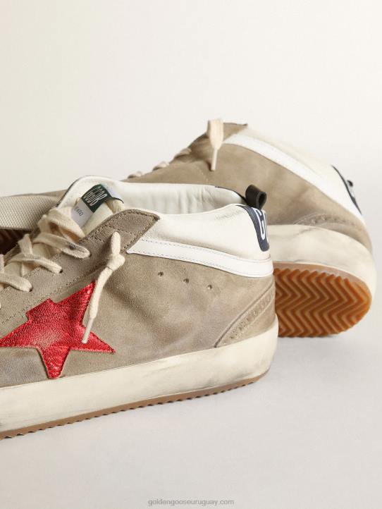 hombres Zapatillas mid star de ante gris tórtola con estrella de piel roja metalizada y flash de piel blancaGolden Goose 02H6567