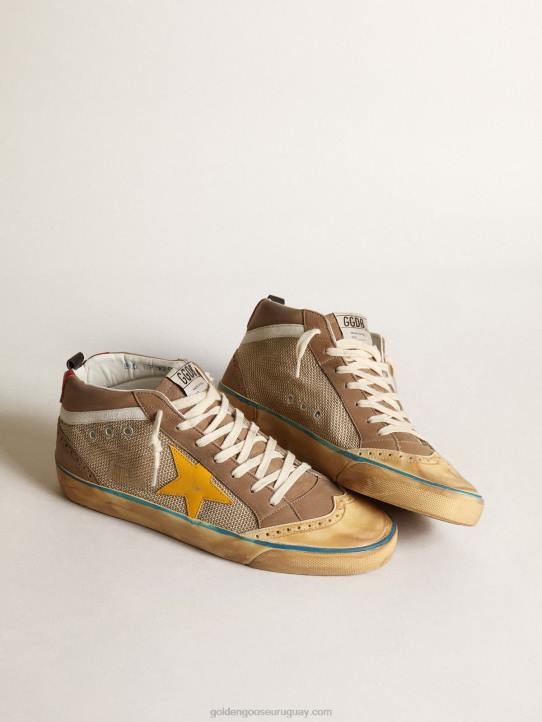 hombres Zapatillas mid star de malla beige y nubuck gris tórtola con estrella de piel amarillaGolden Goose 02H6657