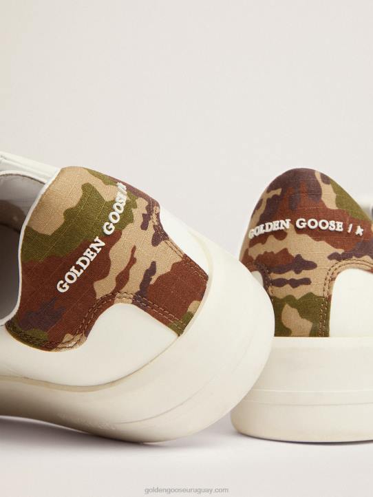hombres Zapatillas deportivas purestar de piel blanca con estrella tono sobre tono y refuerzo del talón verde de tejido ripstop con estampado de camuflajeGolden Goose 02H6527