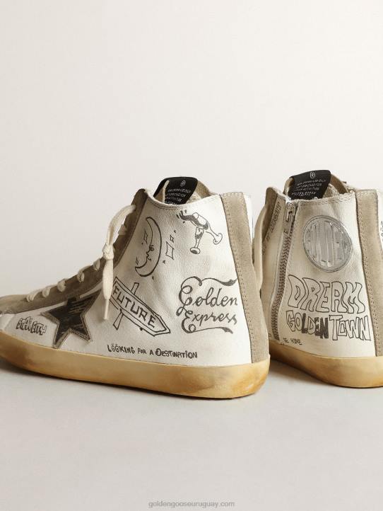 hombres zapatillas francy con inserciones de ante gris paloma y letras negras por toda la superficieGolden Goose 02H6537