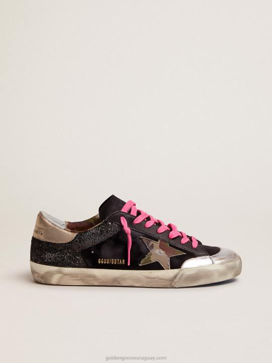 hombres Zapatillas deportivas super-star de ante y purpurina negra con estrella de tejido de camuflajeGolden Goose 02H6564