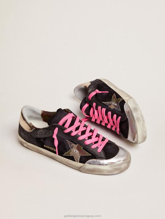 hombres Zapatillas deportivas super-star de ante y purpurina negra con estrella de tejido de camuflajeGolden Goose 02H6564