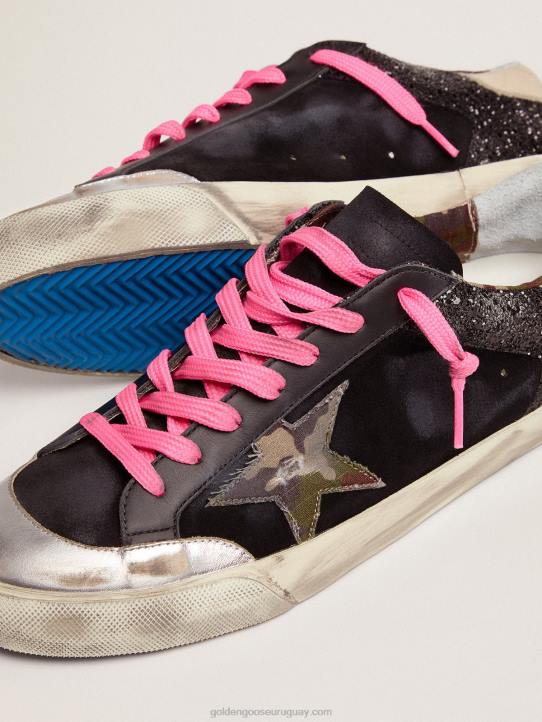 hombres Zapatillas deportivas super-star de ante y purpurina negra con estrella de tejido de camuflajeGolden Goose 02H6564