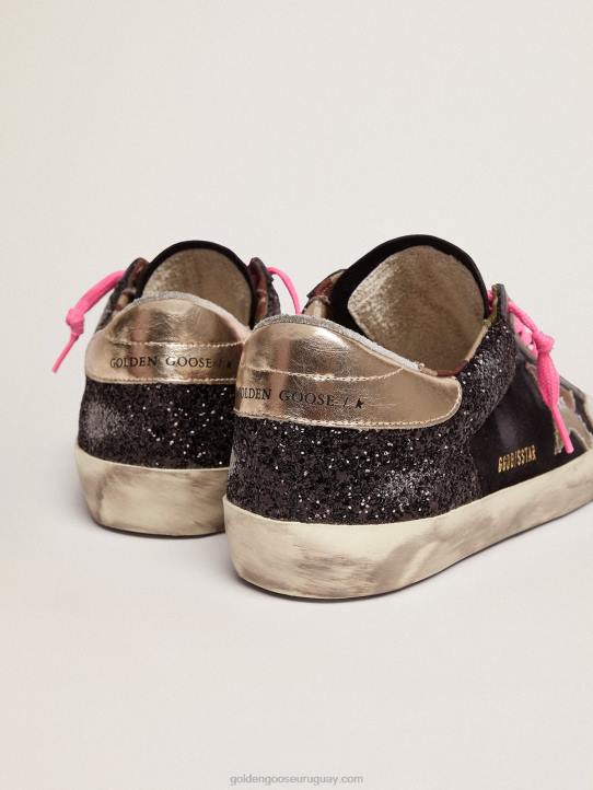 hombres Zapatillas deportivas super-star de ante y purpurina negra con estrella de tejido de camuflajeGolden Goose 02H6564