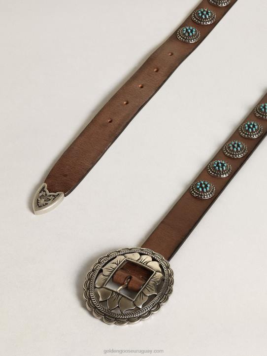 mujer cinturón con girasoles en piel marrón oscuro con tachuelas color plata vintageGolden Goose 02H6288