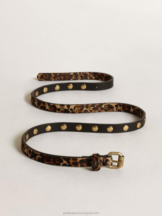 mujer cinturón molly de piel de potro con estampado de leopardo negro y marrón y tachuelas en forma de estrellaGolden Goose 02H6308