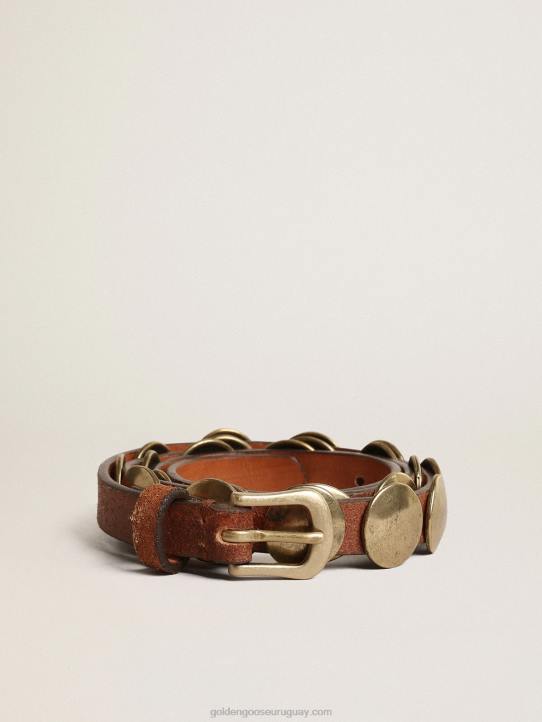mujer cinturón trinidad de piel envejecida color tostado con maxi tachuelas doradasGolden Goose 02H6389