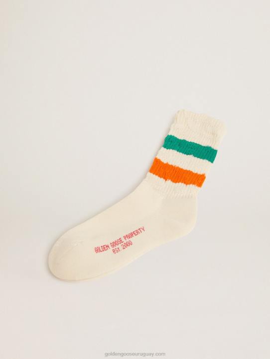mujer calcetines blancos con acabado envejecido y rayas verdes y naranjasGolden Goose 02H6414
